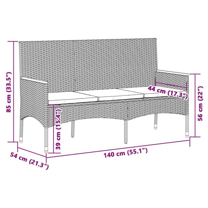 Banc de jardin à 3 places avec coussins noir résine tressée - Photo n°8