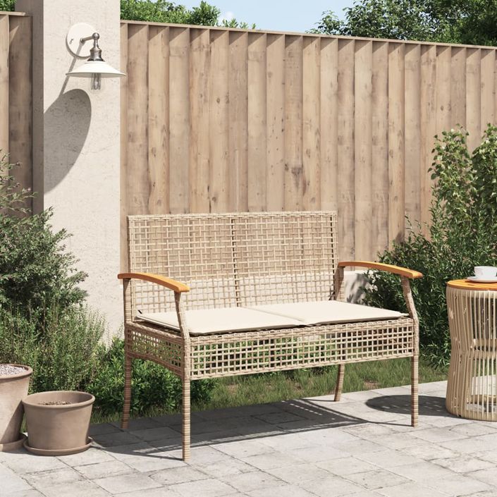 Banc de jardin avec coussin beige résine tressée et acacia - Photo n°3