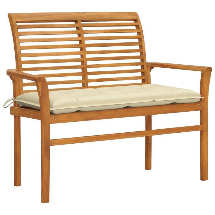 Banc de jardin avec coussin blanc crème 112 cm Bois de teck - Photo n°1