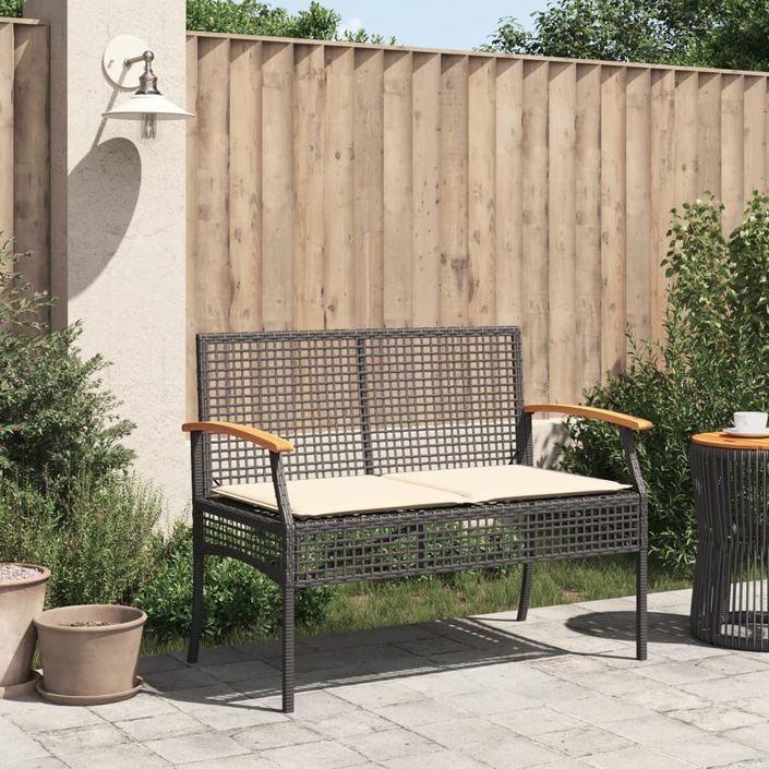 Banc de jardin avec coussin noir résine tressée et acacia - Photo n°3