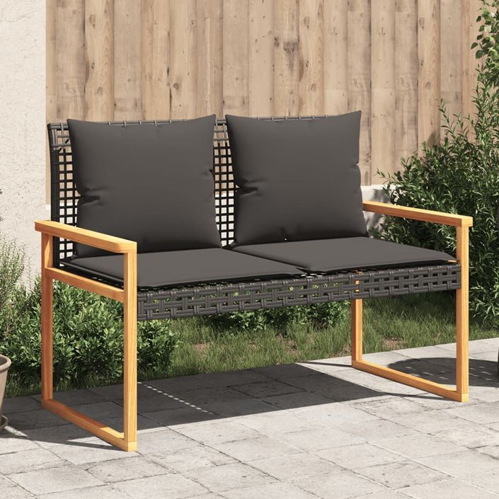 Banc de jardin avec coussin noir résine tressée et acacia - Photo n°1