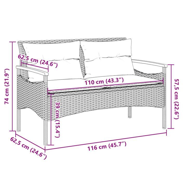 Banc de jardin avec coussins 116x62,5x74 cm gris résine tressée - Photo n°9