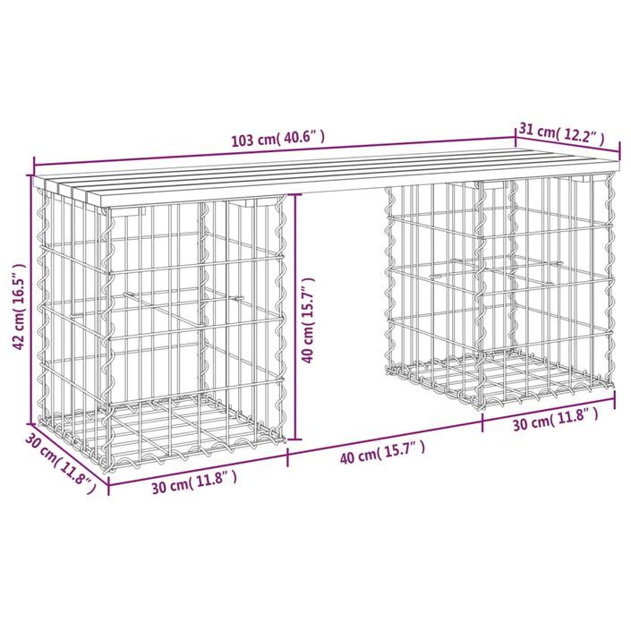 Banc de jardin design de gabion 103x31x42 cm bois massif de pin - Photo n°8