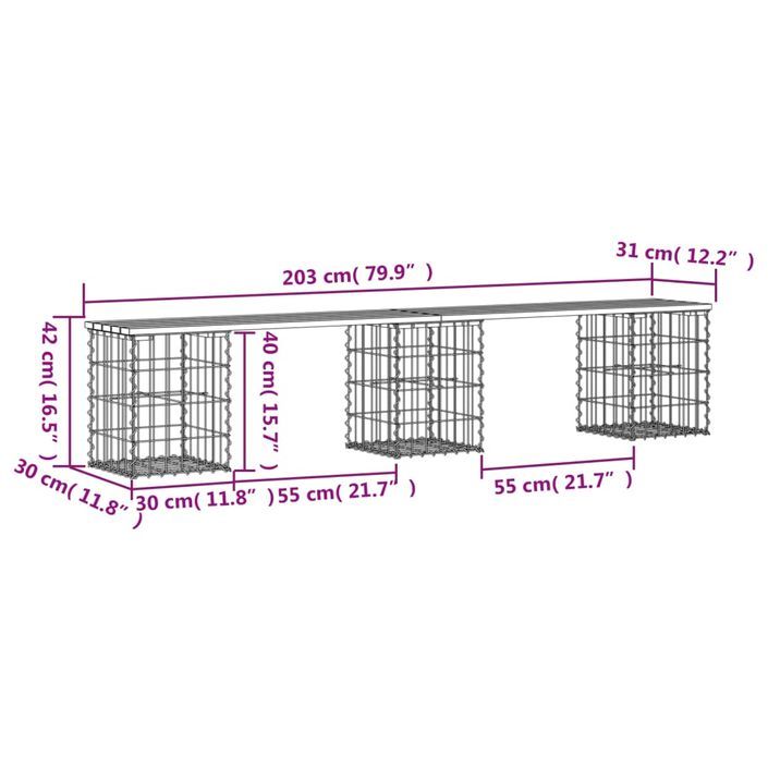 Banc de jardin design de gabion 203x31x42 cm bois massif de pin - Photo n°8