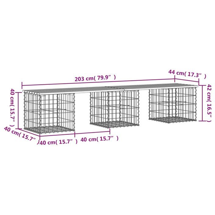 Banc de jardin design de gabion 203x44x42 cm bois massif de pin - Photo n°8