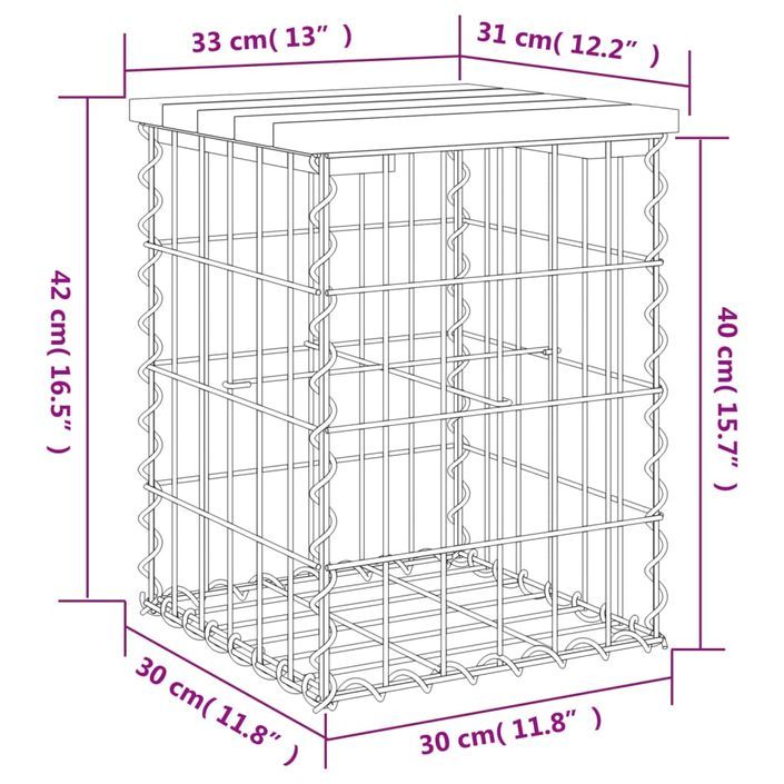 Banc de jardin design de gabion 33x31x42 cm bois massif de pin - Photo n°8