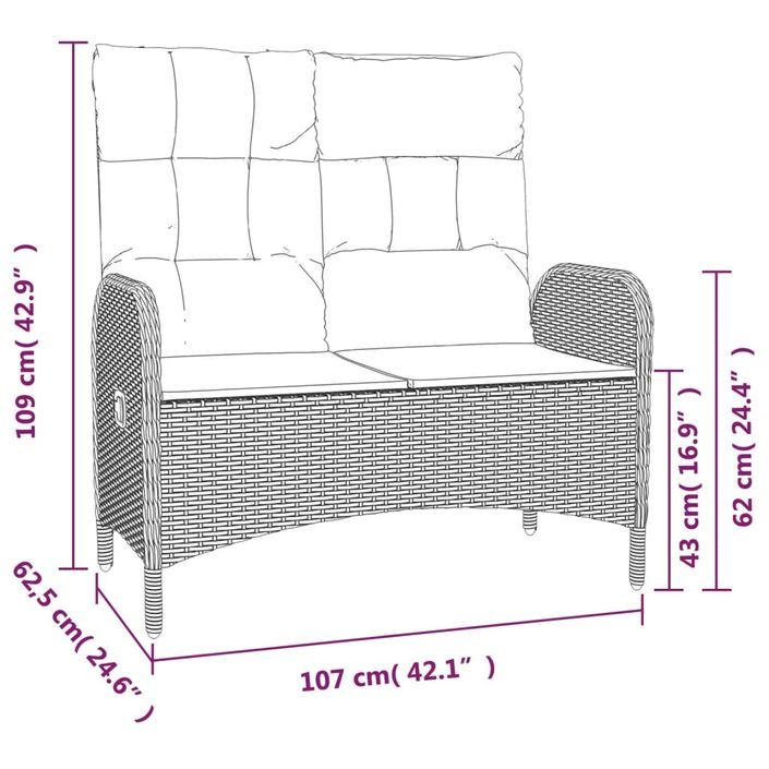 Banc de jardin inclinable avec coussins 107 cm Poly rotin Noir - Photo n°7