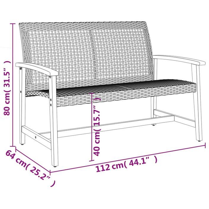 Banc de jardin noir 112 cm résine tressée et bois d'acacia - Photo n°9