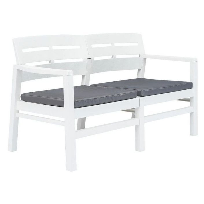 Banc de jardin plastique blanc et coussin polyester gris Bouka - Photo n°1