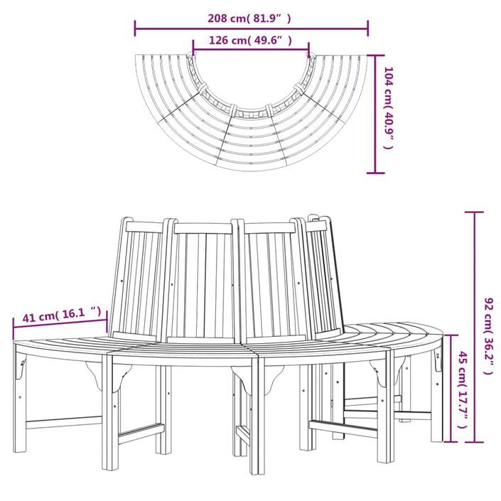 Banc demi-circulaire tour d'arbre Ø208cm bois massif eucalyptus - Photo n°6