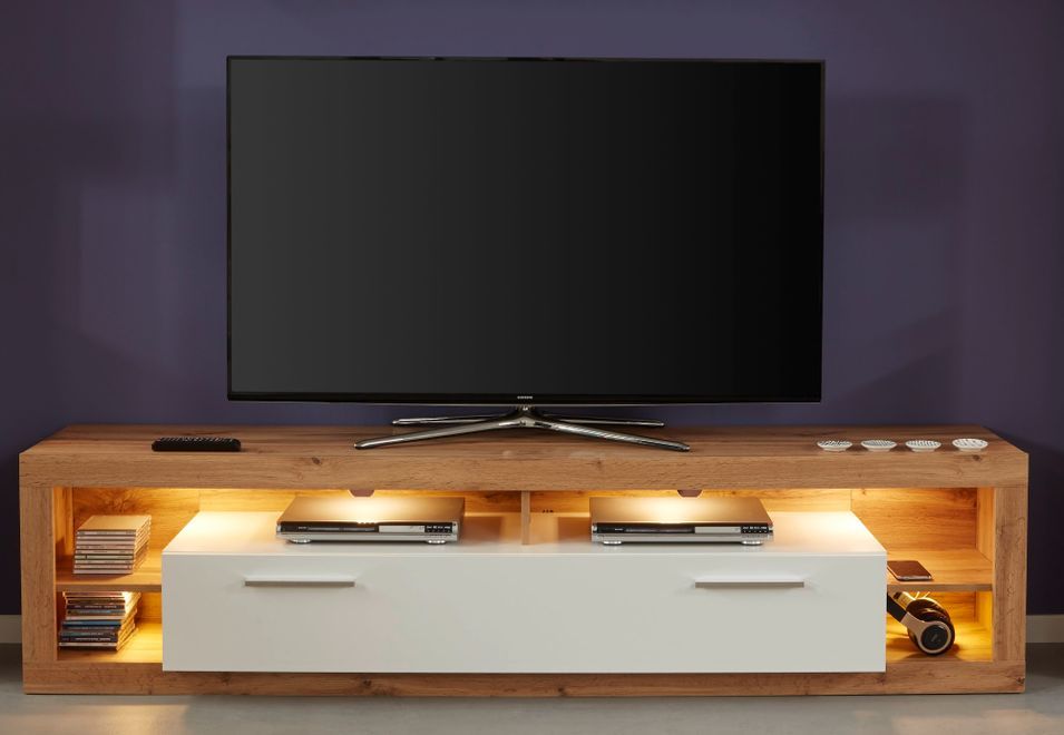 Banc TV lumineux chêne Wotan et blanc brillant Roska 200 cm - Photo n°5