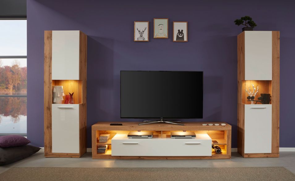 Banc TV lumineux chêne Wotan et blanc brillant Roska 200 cm - Photo n°7