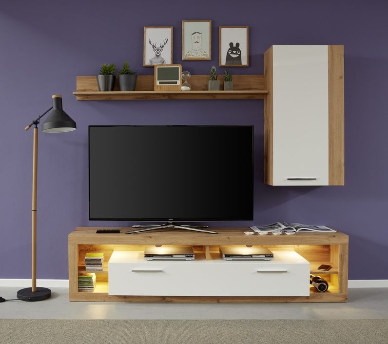 Banc TV lumineux chêne Wotan et blanc brillant Roska 200 cm - Photo n°10