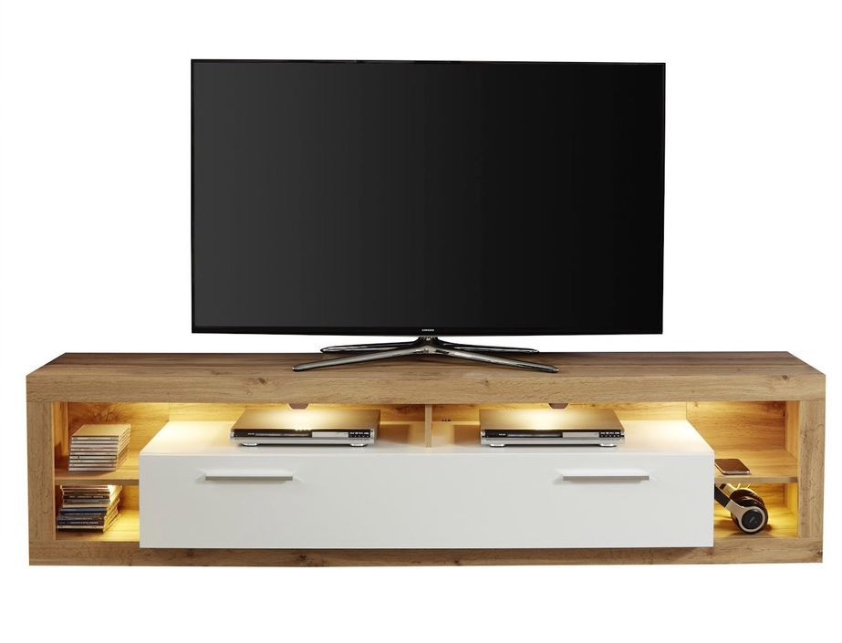 Banc TV lumineux chêne Wotan et blanc brillant Roska 200 cm - Photo n°1