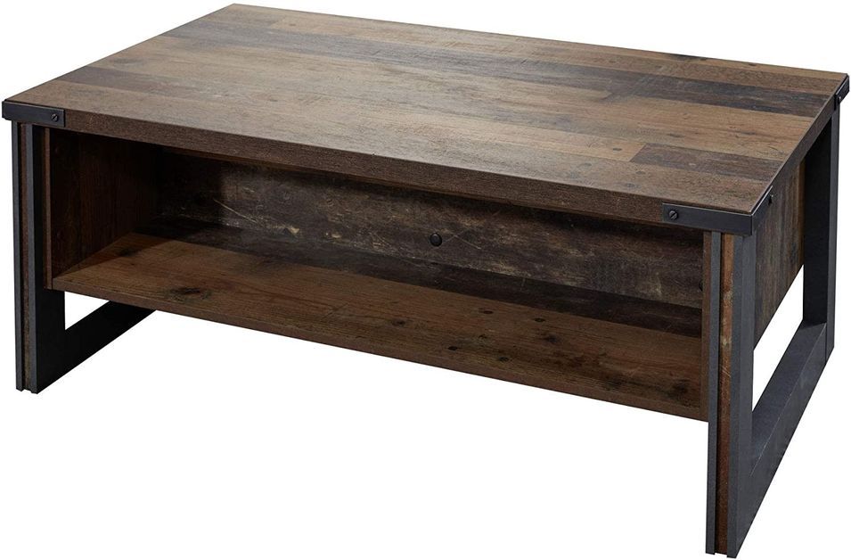 Table basse vintage vieux bois usé et métal gris avec rivets 140 cm - Photo n°1