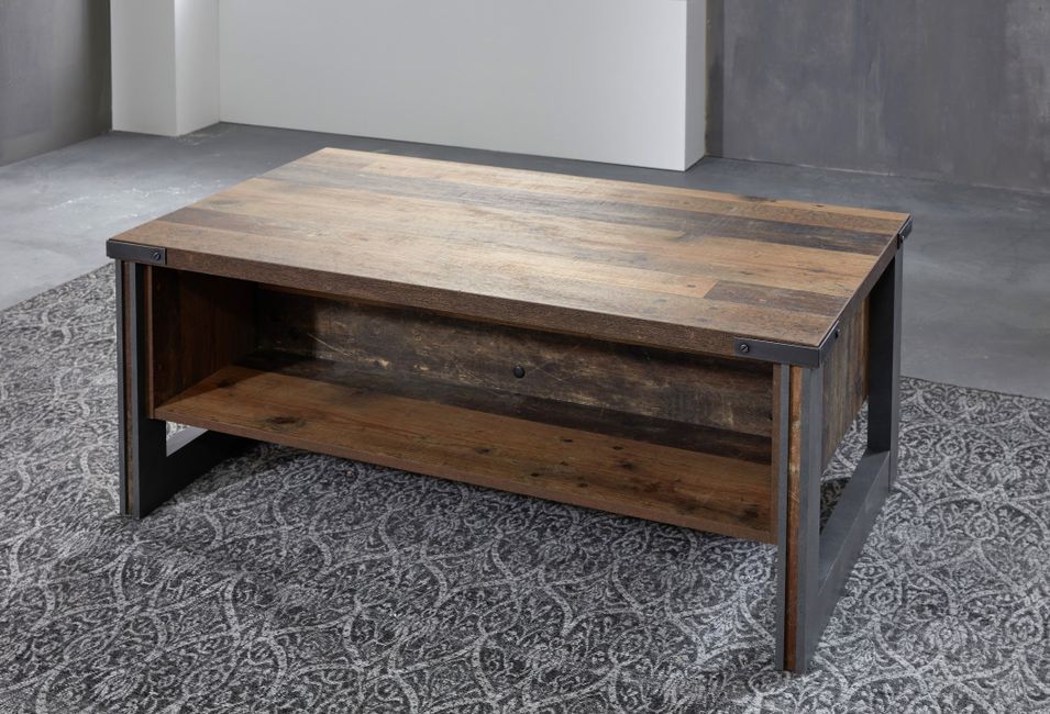 Table basse vintage vieux bois usé et métal gris avec rivets 140 cm - Photo n°5