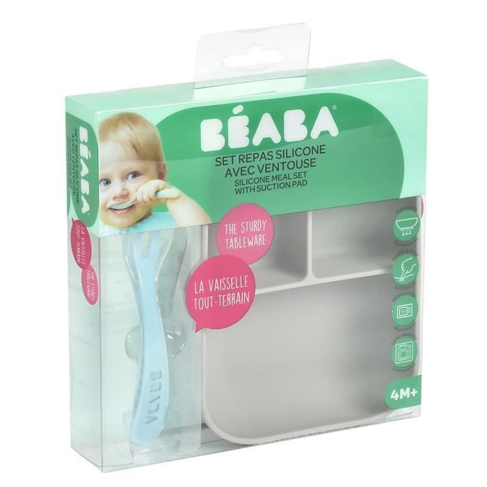 BEABA Set Repas Bébé, Avec Ventouse, Anti dérapant, Assiette Silicone Compartimentée + Cuillere, Sain et Durable, Gris - Photo n°3