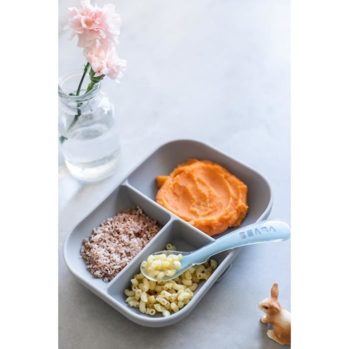 BEABA Set Repas Bébé, Avec Ventouse, Anti dérapant, Assiette Silicone Compartimentée + Cuillere, Sain et Durable, Gris - Photo n°4