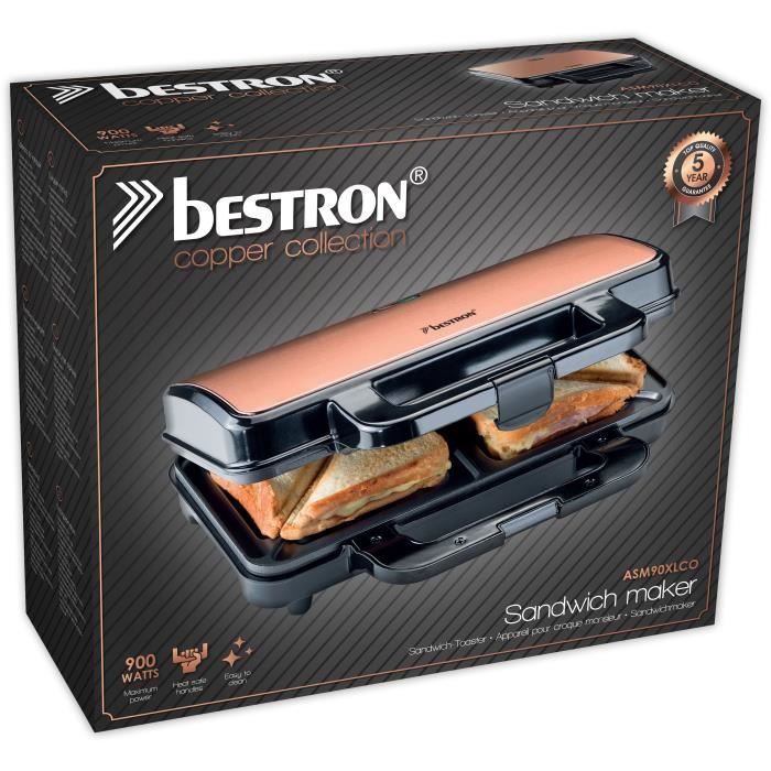 BESTRON ASM90XLCO - Bestron XL Appareil antiadhésif pour 2 croque-Monsieur, 900 W, Noir/cuivre - Photo n°5