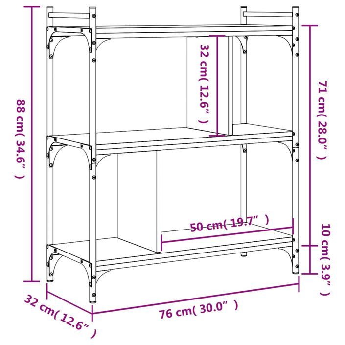 Bibliothèque 3 niveaux chêne brun 76x32x88 cm bois d'ingénierie - Photo n°9