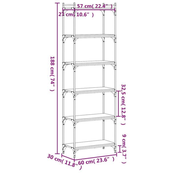 Bibliothèque 6 niveaux chêne marron 60x30x188cm bois ingénierie - Photo n°9