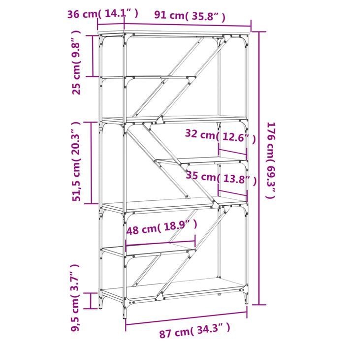 Bibliothèque chêne marron 91x36x176 cm bois ingénierie et acier - Photo n°9