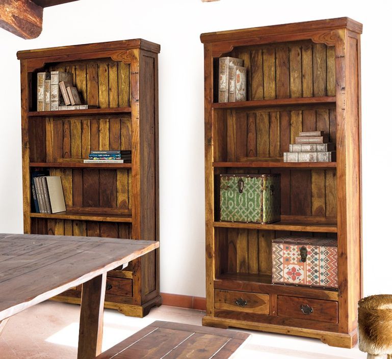 Bibliothèque en bois d'acacia massif finition rustique marron 4 étagères 2 tiroirs Kastela 100 cm - Photo n°3