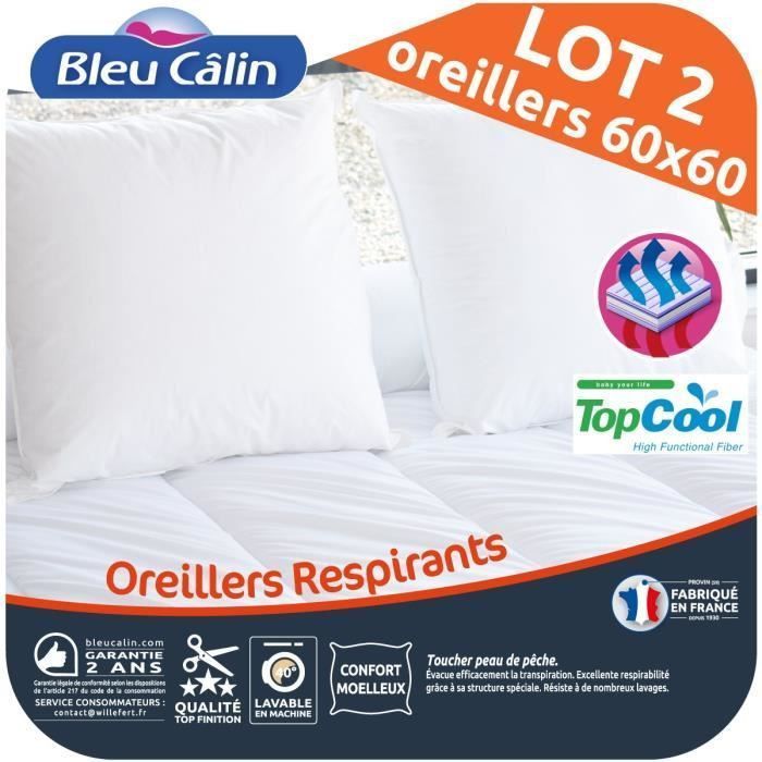 BLEU CALIN Lot de 2 oreillers Respirant TOPCOOL 60x60cm blanc - Photo n°1