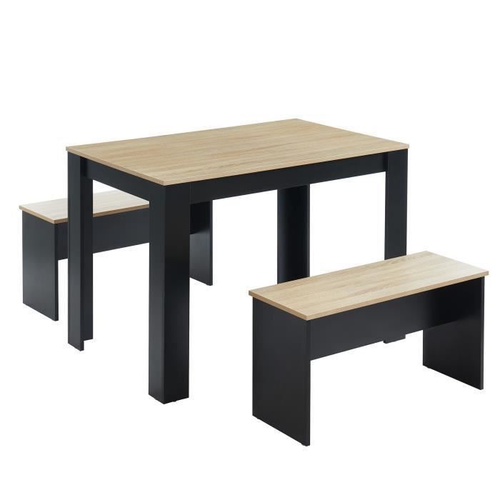 BLOOM Ensemble repas table + 2 bancs - Décor chene et noir - Style industriel - L 100 x P 70 x H 70,5 cm - Photo n°1