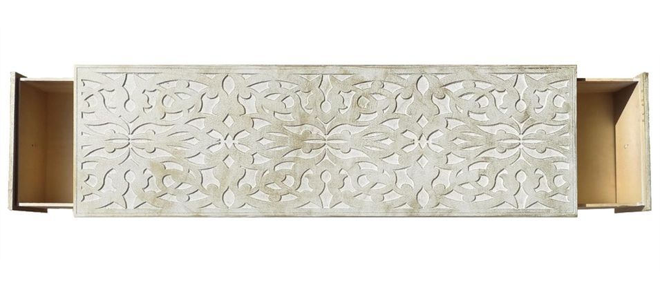 Banc de rangement 2 tiroirs bois blanc et tissu Adidja 140 cm - Photo n°4