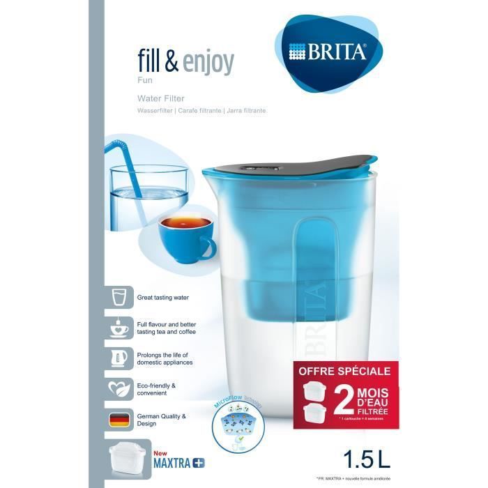 BRITA 1026026 - Carafe filtrante Fun bleu - 2 filtres a eau MAXTRA+ inclus - 1,5L dont 1L d'eau filtrée - Brita Memo - Compacte - Photo n°3