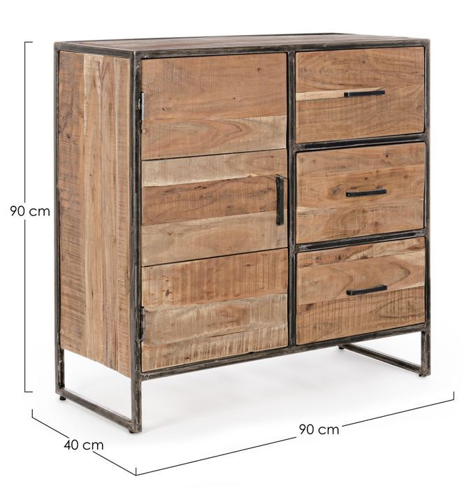 Buffet 1 porte 3 tiroirs bois d'acacia clair et pieds acier vieilli Kadone 90 cm - Photo n°5