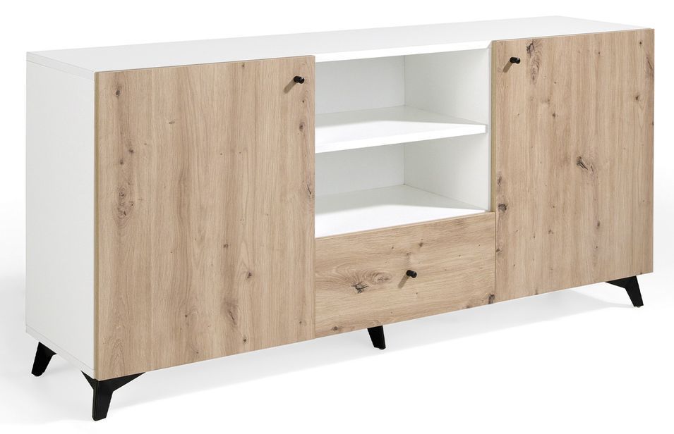 Buffet 2 portes 1 tiroir en bois chêne clair et bois blanc Lazeto 180 cm - Photo n°4