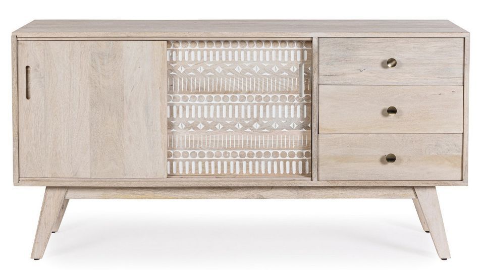 Buffet 2 portes coulissantes 3 tiroirs en bois massif de manguier blanchi Blanka 115 cm - Photo n°1