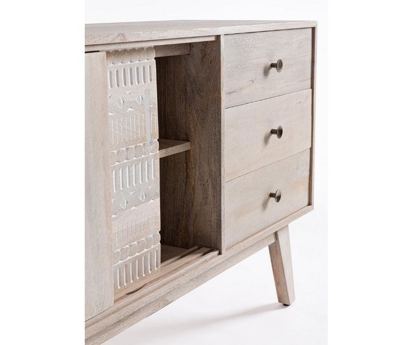 Buffet 2 portes coulissantes 3 tiroirs en bois massif de manguier blanchi Blanka 115 cm - Photo n°7