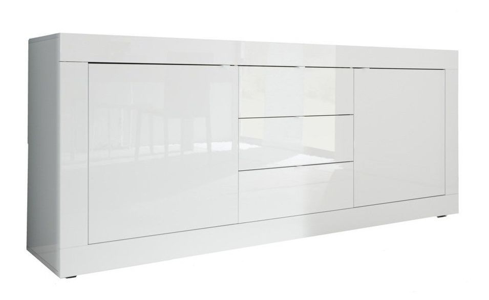 Buffet 2 portes 3 tiroirs bois laqué blanc brillant Assic L 210 cm - Photo n°1