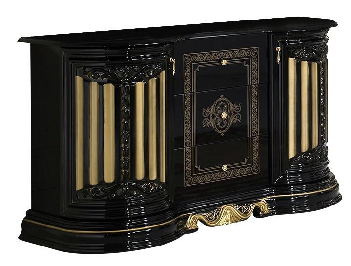 Buffet 2 portes 3 tiroirs bois vernis laqué brillant noir et doré Lesly 134 cm - Photo n°1
