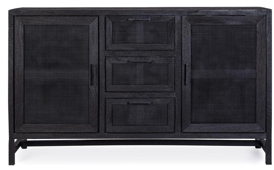 Buffet 2 portes 3 tiroirs en bois massif noir de manguier et rotin noir Waky 150 cm - Photo n°1