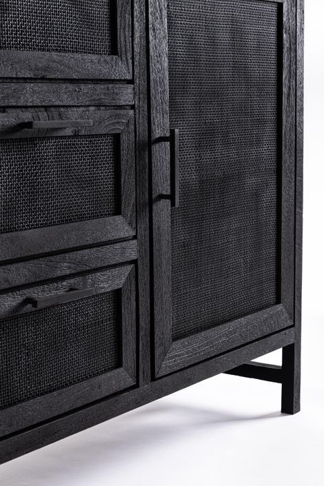 Buffet 2 portes 3 tiroirs en bois massif noir de manguier et rotin noir Waky 150 cm - Photo n°5
