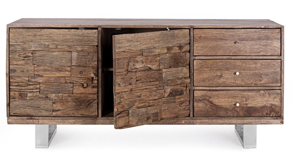 Buffet 2 portes 3 tiroirs en bois massif recyclé sur pieds acier chromé Stany 160 cm - Photo n°3
