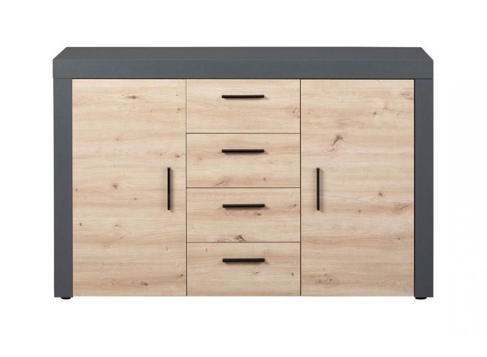 Buffet 2 portes 4 tiroirs bois chêne artisan et du gris anthracite Mione 134 cm - Photo n°6