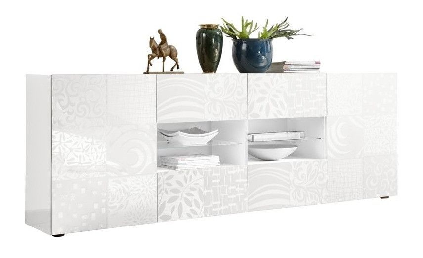 Buffet 2 portes 4 tiroirs bois laqué blanc brillant Zebre L 240 cm - Photo n°1