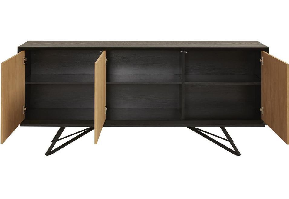 Buffet 3 portes bois massif clair et noir pieds métal noir Moritz 200 cm - Photo n°3