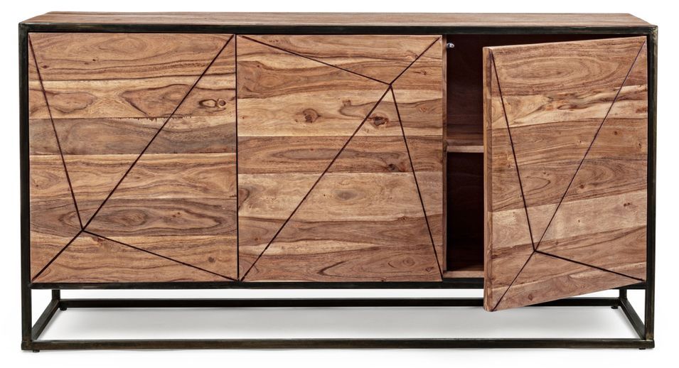 Buffet 3 portes en bois clair d'acacia vernis mat et acier noir Makune 145 cm - Photo n°3