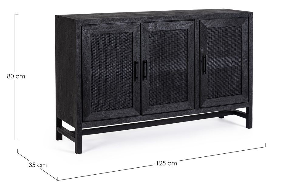 Buffet 3 portes en bois massif noir de manguier et rotin noir Waky 125 cm - Photo n°7