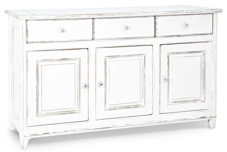 Buffet 3 tiroirs 3 portes en bois de manguier blanc patiné Kolita 150 cm - Photo n°2