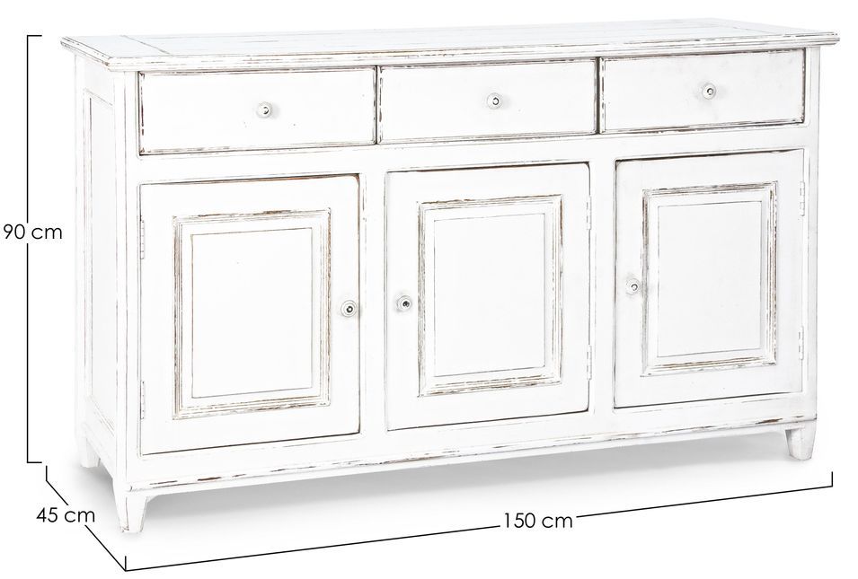 Buffet 3 tiroirs 3 portes en bois de manguier blanc patiné Kolita 150 cm - Photo n°4