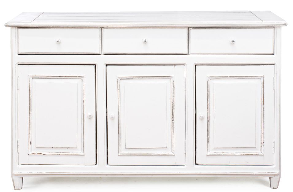 Buffet 3 tiroirs 3 portes en bois de manguier blanc patiné Kolita 150 cm - Photo n°1