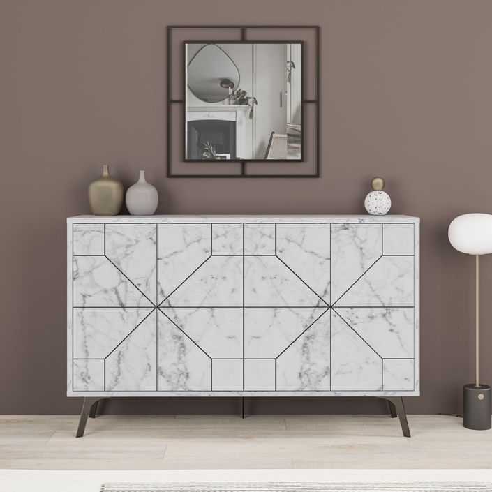 Buffet 4 portes bois blanc effet marbre motif géométrique Kuzako 123 cm - Photo n°4