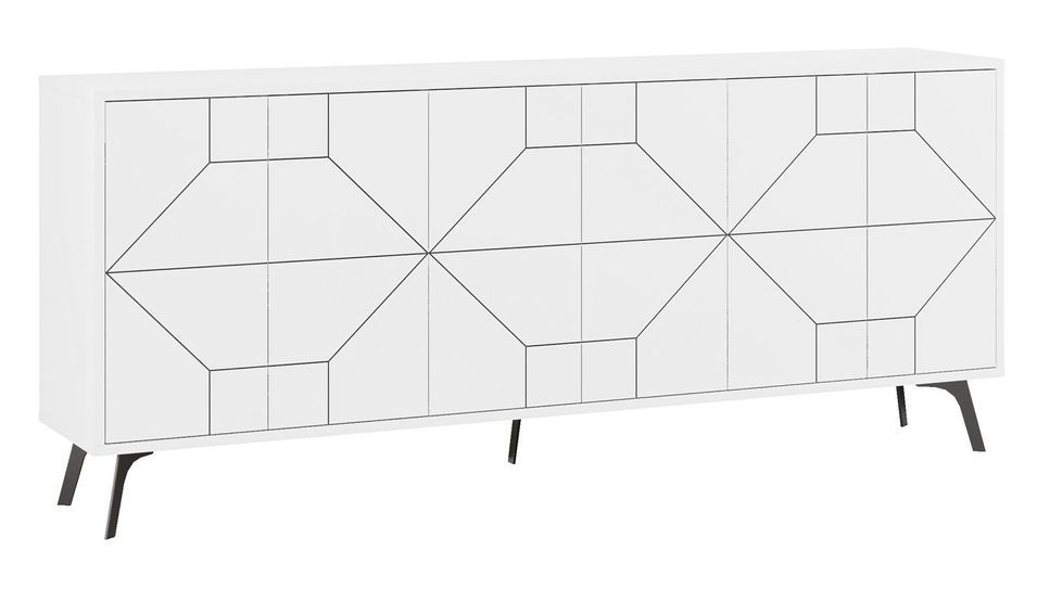 Buffet 4 portes bois blanc motif géométrique Kuzako 184 cm - Photo n°1